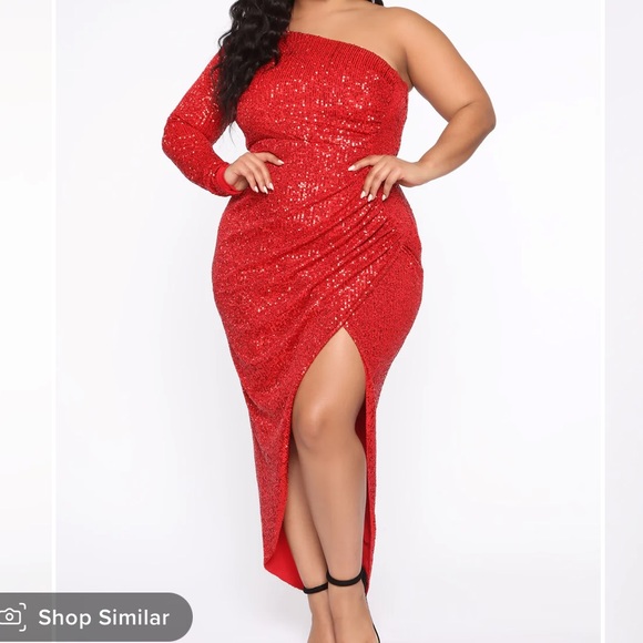 Fashion Nova Dresses Fashion Nova Red Sequin Sparkle High Low One Shoulder Long Sleeve Dress